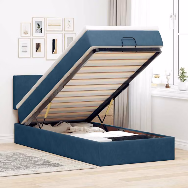 vidaXL Letto con Pouf e Materasso in Velluto Blu con Base a Sollevamento, Illuminazione Sotto il Letto e Porte USB, L/P/H: 203 x 140 x 90 cm