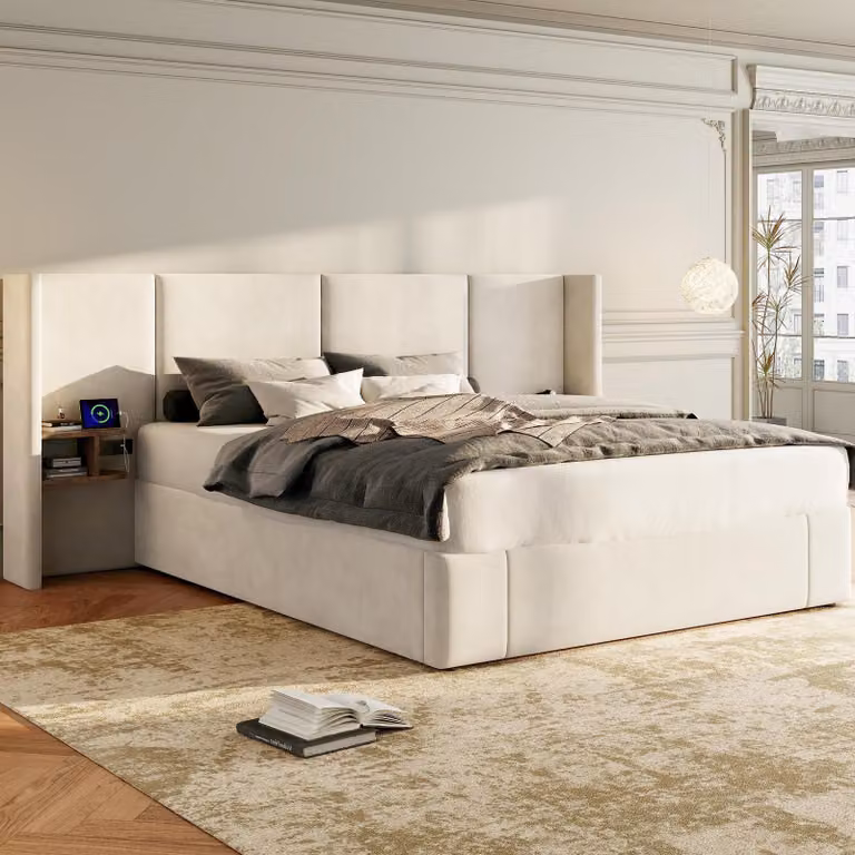 Letto imbottito 160 x 200 cm con rivestimento in velluto, contenitore e porta USB – Struttura del letto con 2 comodini, prese di corrente e doghe in legno, letto contenitore color beige