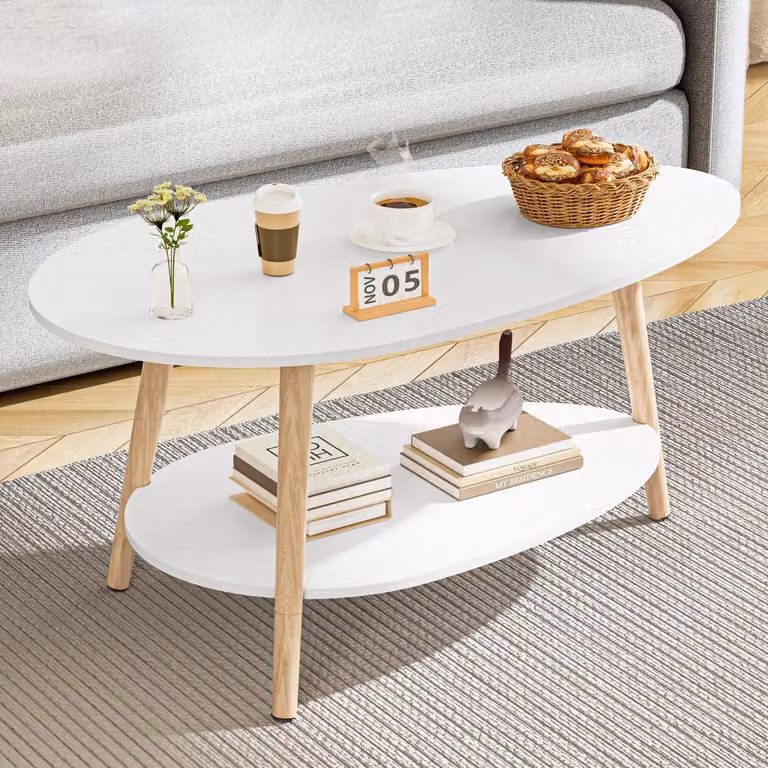 Tavolino ovale bianco, tavolino ausiliario per il soggiorno, design a due livelli