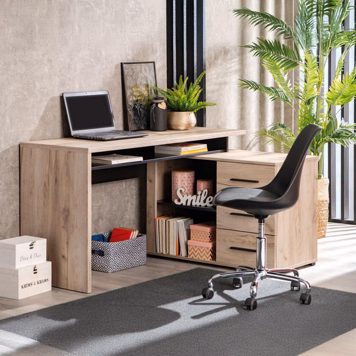 Dmora Scrivania Sapri 138x102x75h cm Marrone Rovere Scuro, Angolare 3 Ripiani