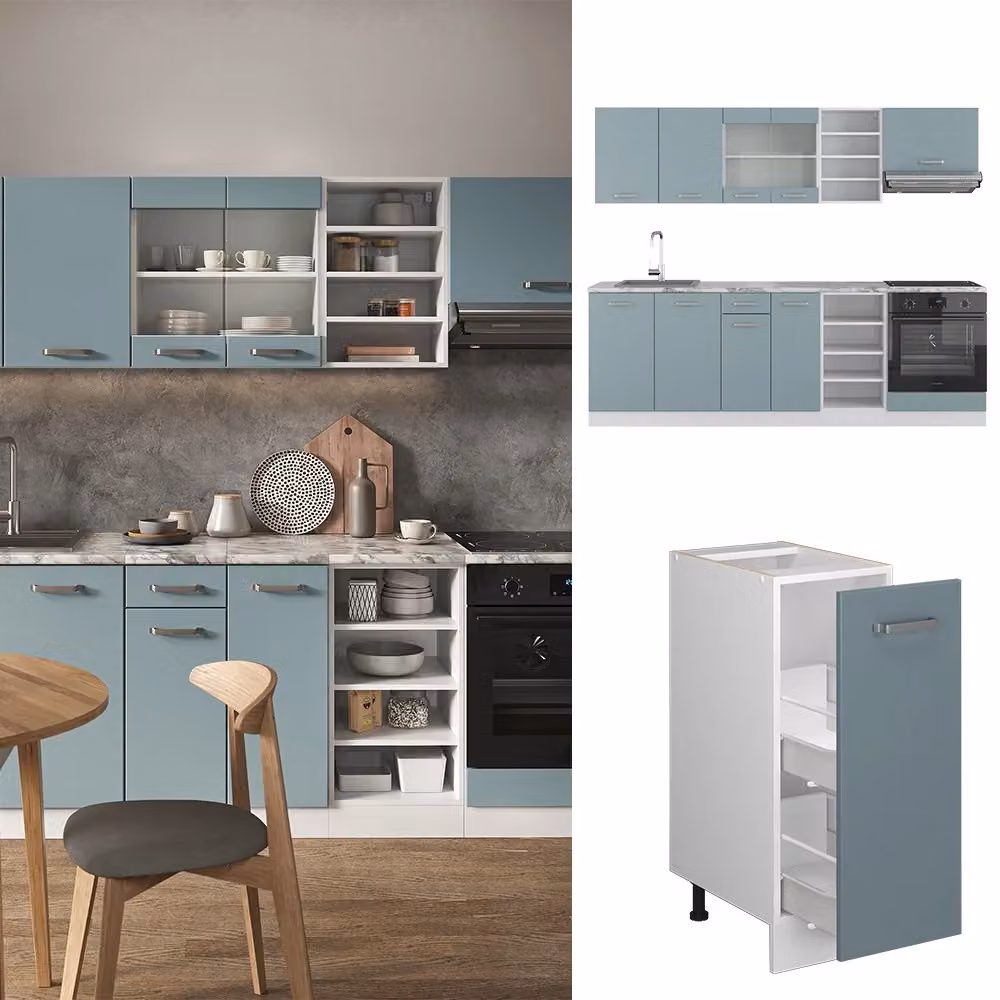 Cucina componibile moderna R-Line Vicco in legno e metallo, Grigio-blu/Bianco, L: 240 cm, P: 60 cm, H: 170 cm – 2