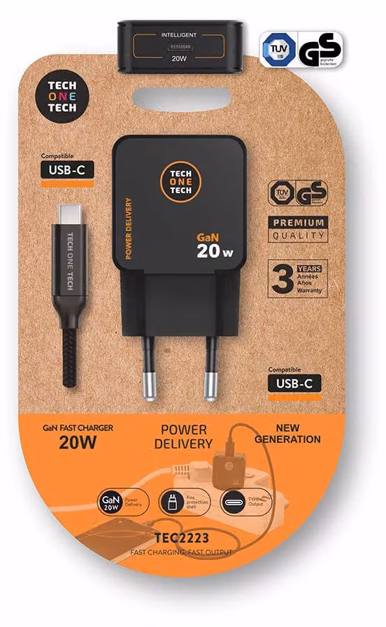 Caricabatterie Gan da 20 W con USB-C + cavo di ricarica ultraveloce e compatto - Tech One Tech