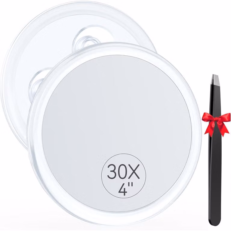 Specchio ingrandente 30X, diametro 10 cm, con 3 ventose rotonde, ideale per il bagno e per i viaggi
