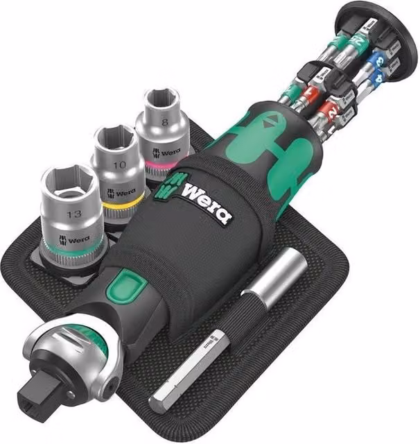 Set Wera Zyklop Pocket 2 Cricchetti Compatti con Alloggiamento Inserti Integrato, 12 Inserti 1/4'' e Bussole 3-8'', Prolunga Porta-Inserti 75 mm e Supporto Tessile per Cintura Wera 2go, Nero