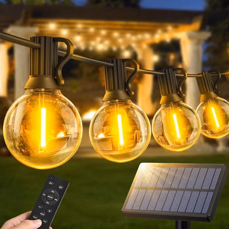 Catena luminosa solare G40, 14 metri, 18 LED, dimmerabile, grado di protezione IP65, con telecomando, colore bianco