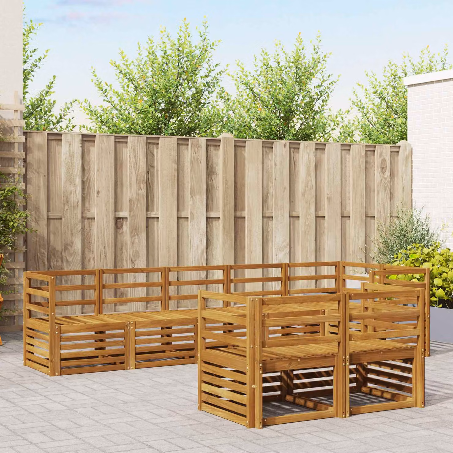 Set di divani da esterno a L vidaXL in legno di acacia e poliestere resistente ai raggi UV, 8 pezzi, beige, bianco e marrone