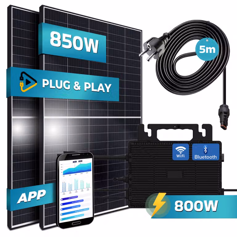 SUNNIVA® 850W centrale elettrica da balcone completa di presa - ASTRO-ENERGY 800W Micro inverter, impianto fotovoltaico, 2x425W moduli solari, incl. 5m cavo, WIFI