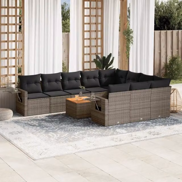 Set di Divani da Giardino a L vidaXL in Polyrattan Nero e Grigio con 11 Pezzi e Cuscini Inclusi – 1