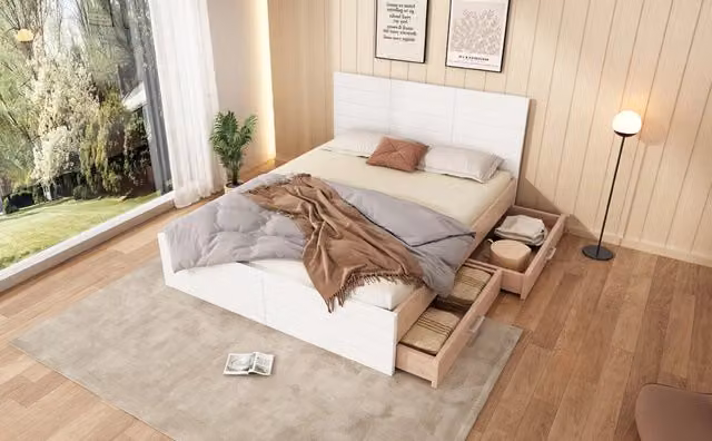 Letto matrimoniale in legno massello e MDF bianco e rovere chiaro 140×200 cm, con 2 cassetti, rete a doghe e materasso 7 zone a molle incluso