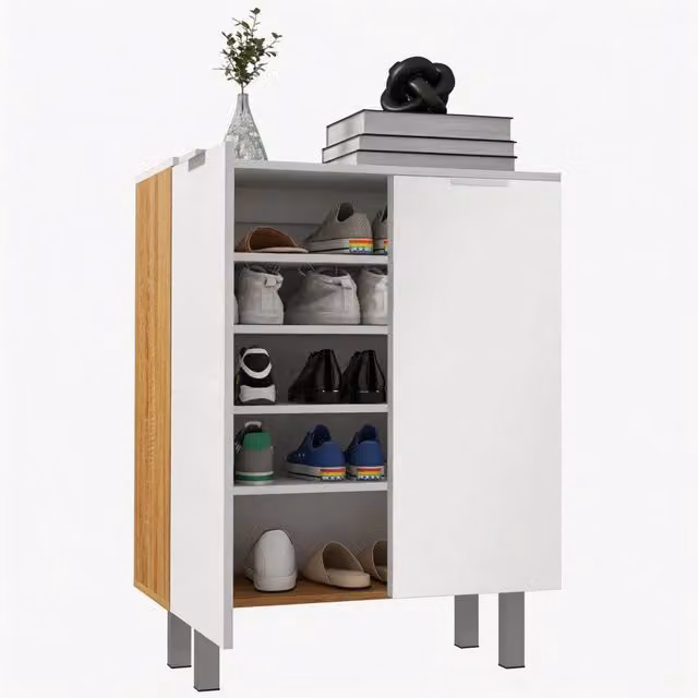 Scarpiera Moderna per 15-20 Paia di Scarpe, 5 Ripiani, Chiusura Ammortizzata, Bianco Lucido, Salvaspazio