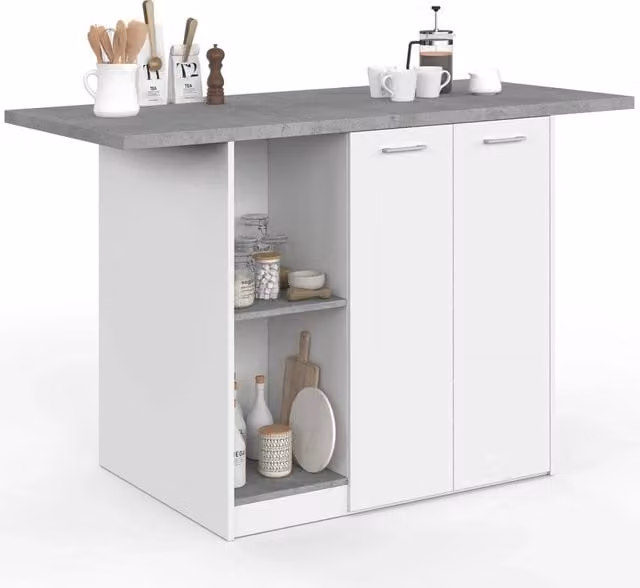 Isola centrale da cucina IDMarket BAO per 4 persone in legno bianco con piano effetto cemento grigio