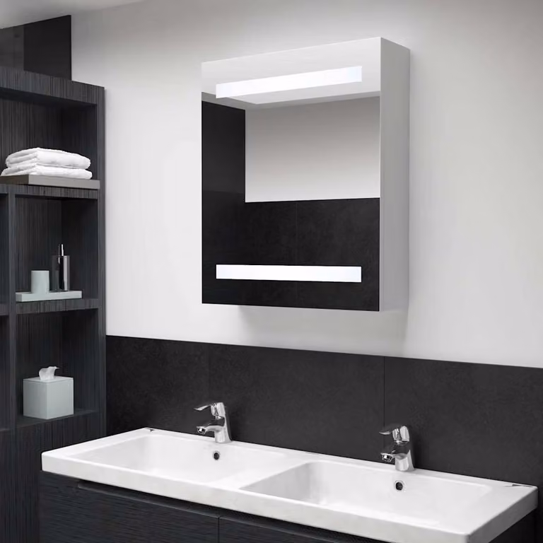 Armadietto da bagno con specchio e illuminazione LED vidaXL, bianco e argento, L: 50 cm, P: 13,5 cm, H: 60 cm