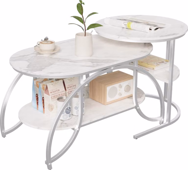 UnboxG Tavolino in metallo - Tavolo da soggiorno con spazio per riporre oggetti - Tavolo da soggiorno con due ripiani - Tavolo da divano 46x80x45 cm/52x52x51 cm - Tavolino in bianco/oro
