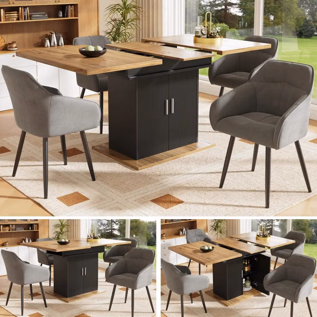 Tavolo da pranzo allungabile MIVRAY con mobile contenitore e ripiani regolabili in MDF nero e marrone L/P/H: 110-140 x 70 x 76 cm – 2