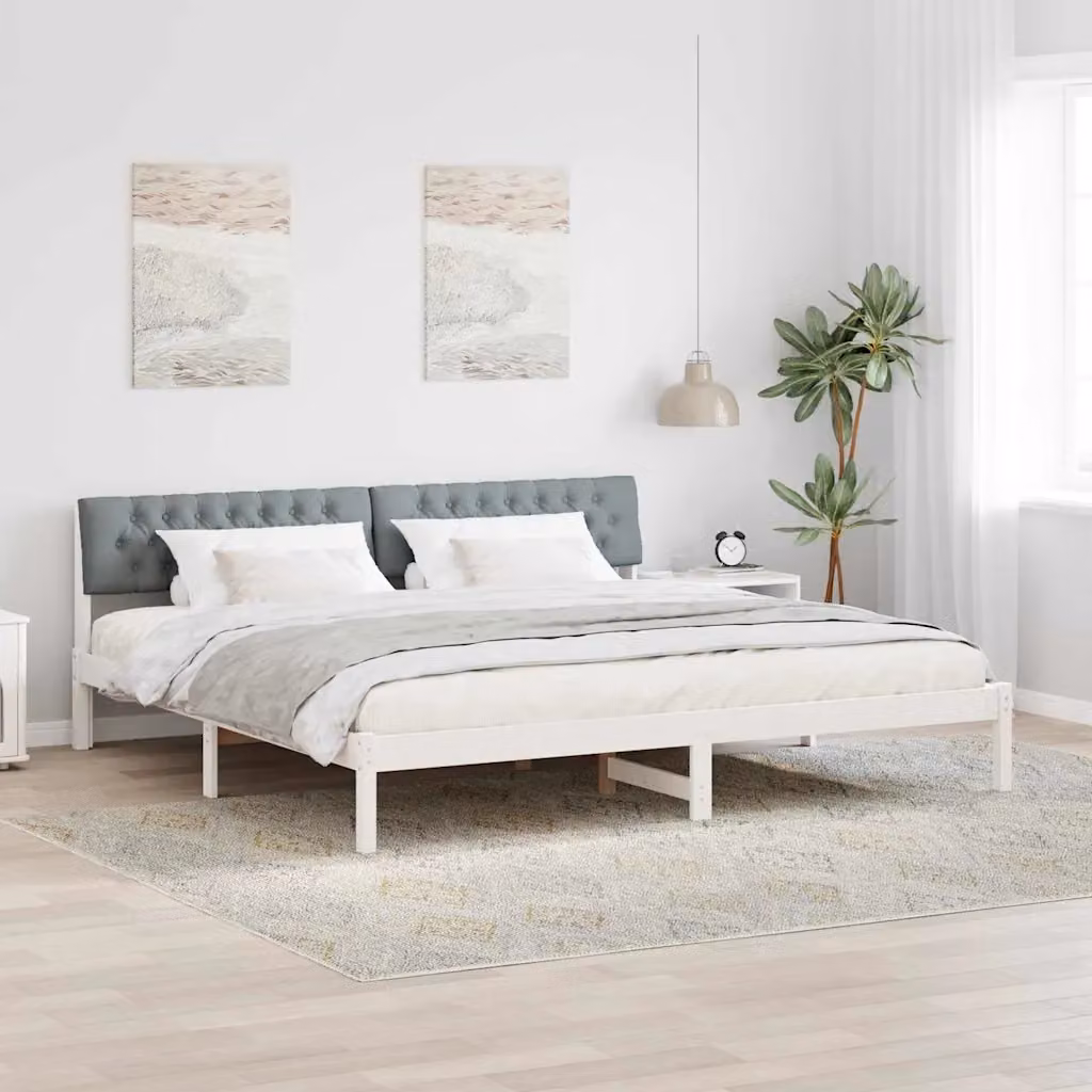 Struttura del letto moderna vidaXL in legno di pino e tessuto, bianco e grigio, 200 x 200 cm – 1