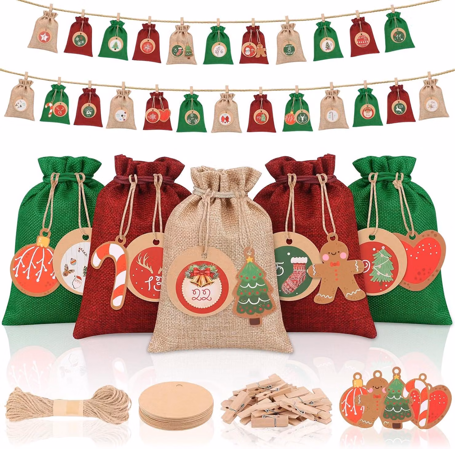Calendario dell'Avvento da riempire - 24 pezzi - 18 x 13 cm - Sacchetti per calendario dell'Avvento da realizzare a mano - Sacchetti grandi per calendario dell'Avvento, adatti per il periodo dell'Avvento