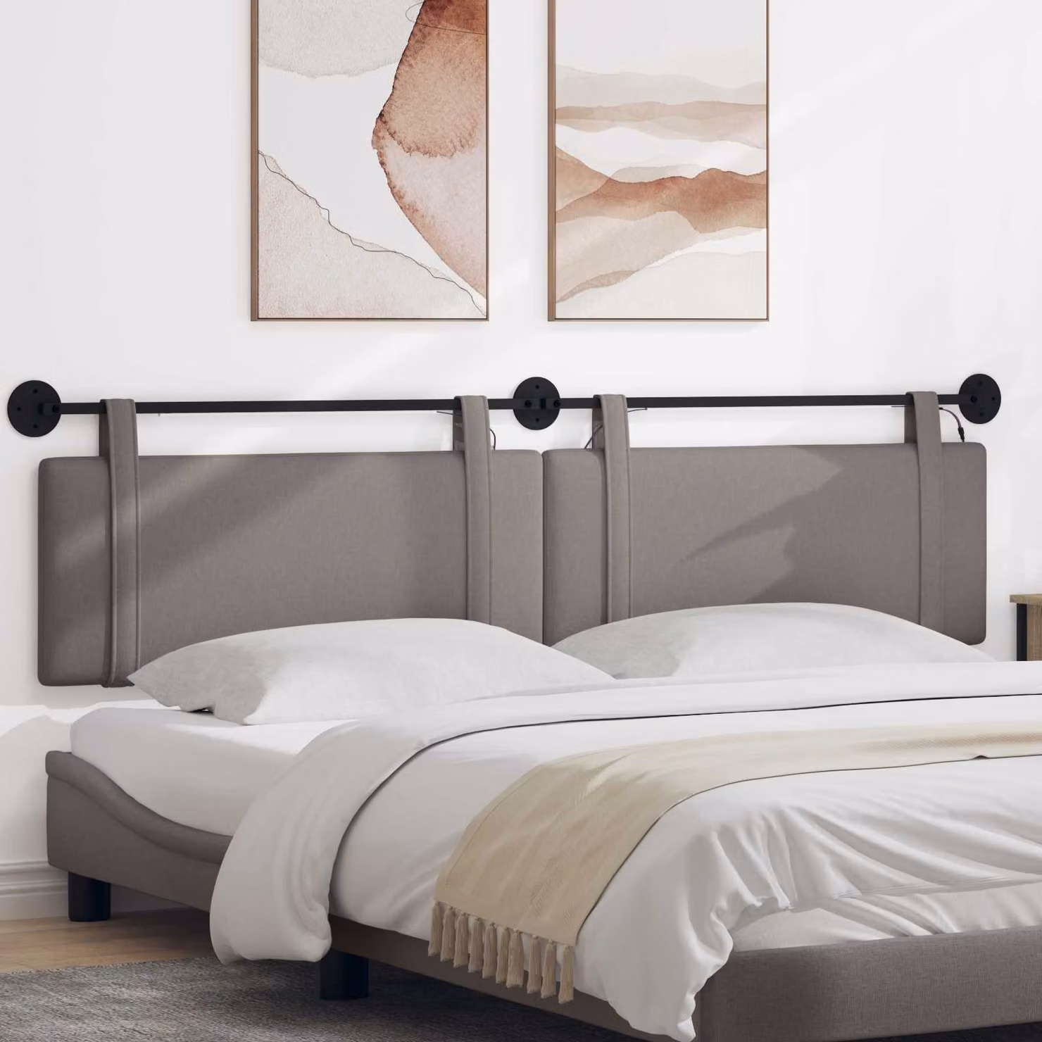 Testiera per letto sospesa vidaXL in tessuto con illuminazione integrata, colore tortora/grigio/beige