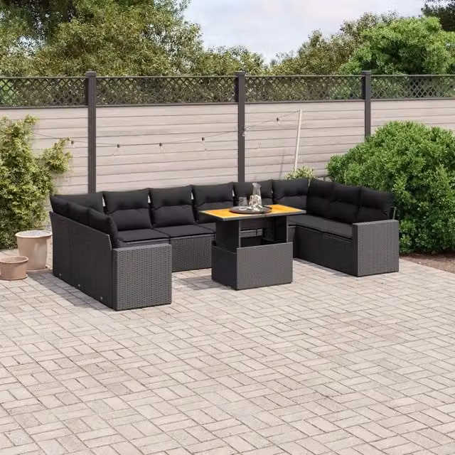 Set di divani da giardino VIDAXL in polyrattan nero con 11 pezzi e cuscini inclusi