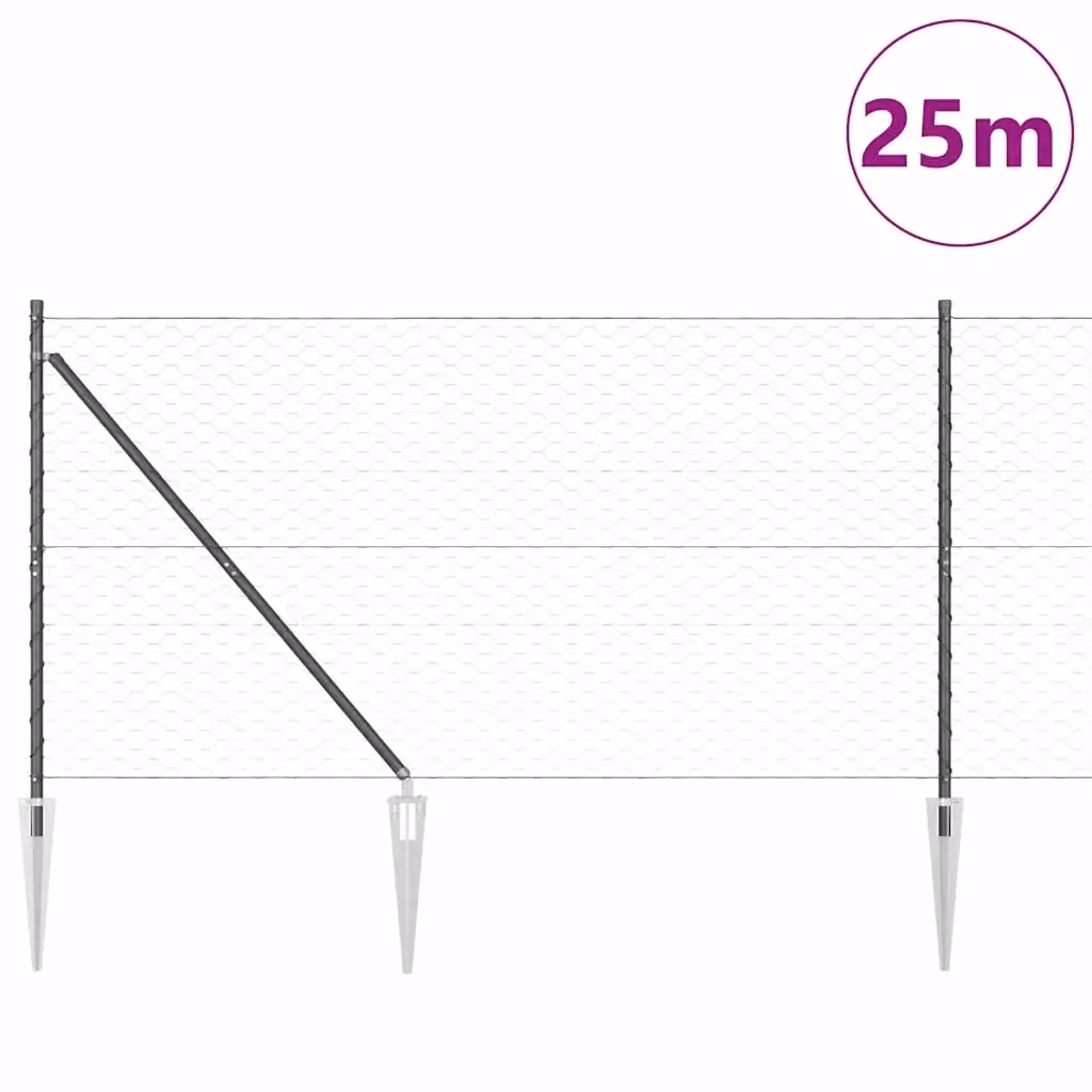 Recinzione esagonale vidaXL in acciaio rivestito in PVC grigia con pali rotondi, L: 25 m, H: 1,4 m – 2