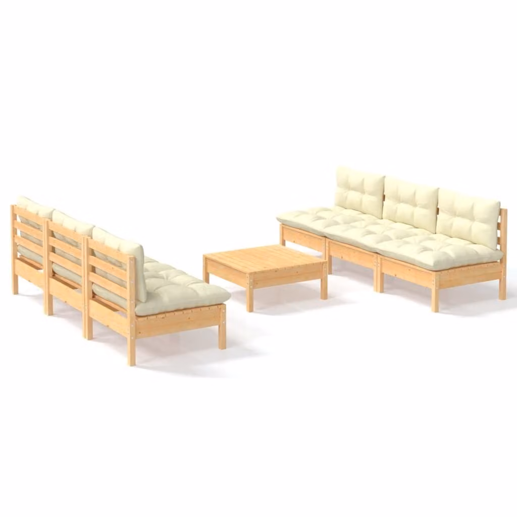 Set Salotto da Giardino 7pz con Cuscini Crema in Legno di Pino