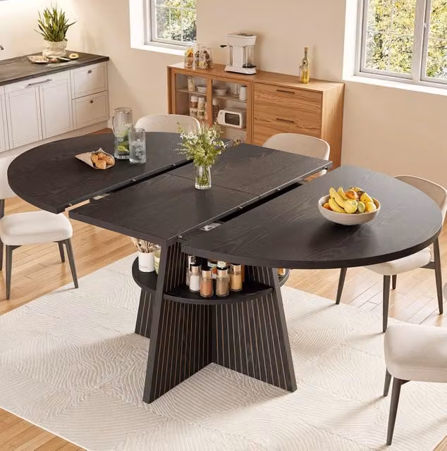 Tavolo da pranzo trasformabile rotondo e allungabile 110-150x110x76 cm in MDF nero