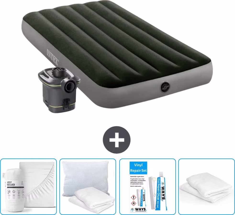 Letto ad aria Intex - 1 persona - 99 x 191 x 25 cm - Verde - Incluso pompa - Lenzuolo di ricambio - Bacio - Kit di riparazione en Protezione cuscino