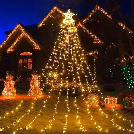 Decorazione di Natale all'aperto con filo di luce LED a forma di stelle impermeabile, luce calda bianca, modello a tenda