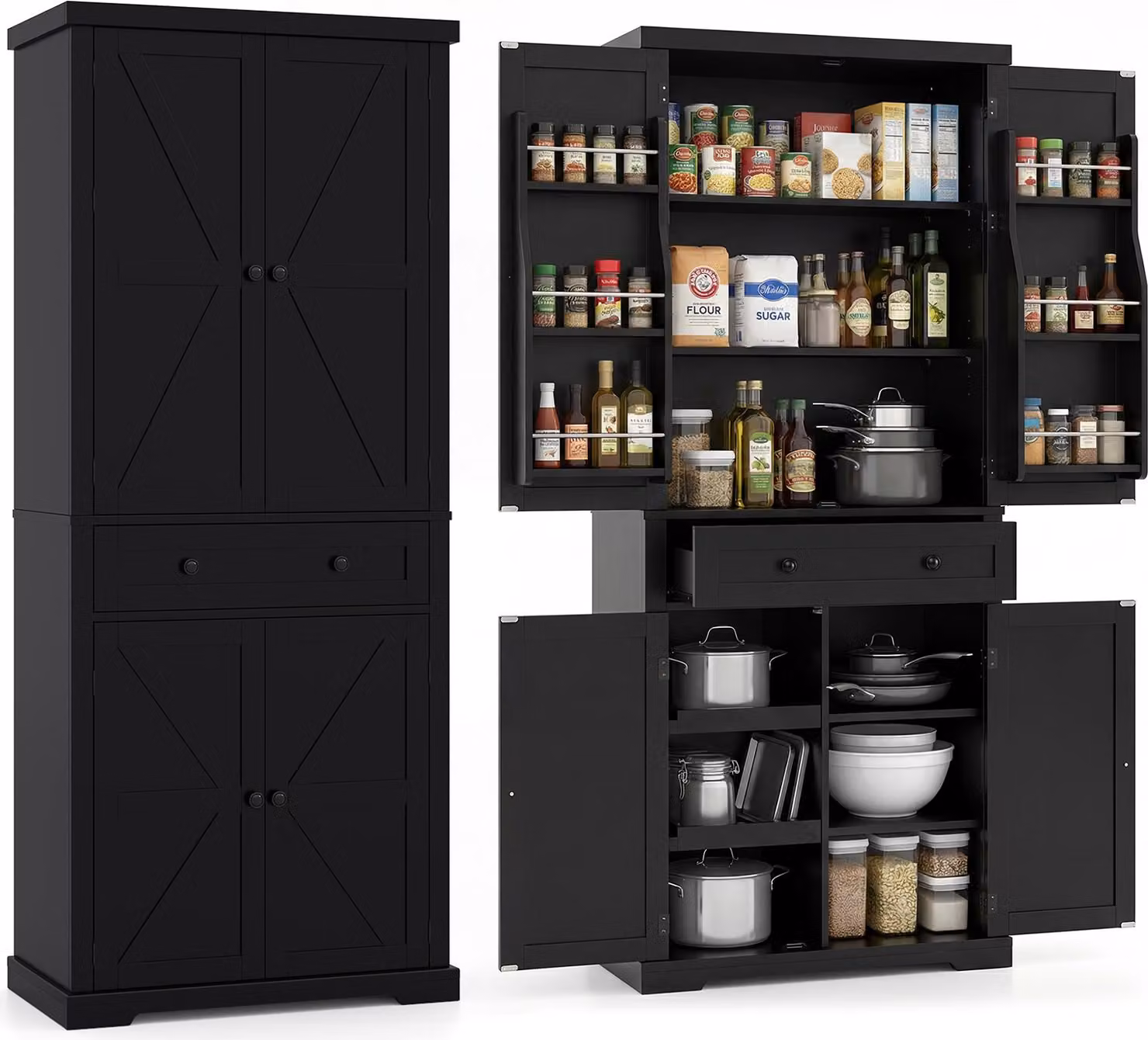 Armadio da cucina COSTWAY, armadio dispensa da 184 cm, credenza con 4 ripiani, 2 vassoi scorrevoli, 4 ante e cassetto, armadio contenitore, nero