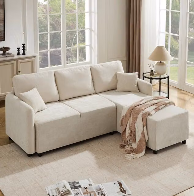 Divano angolare L 3 posti 187;5x144x85;5 cm in chenille beige chiaro con 2 cuscini