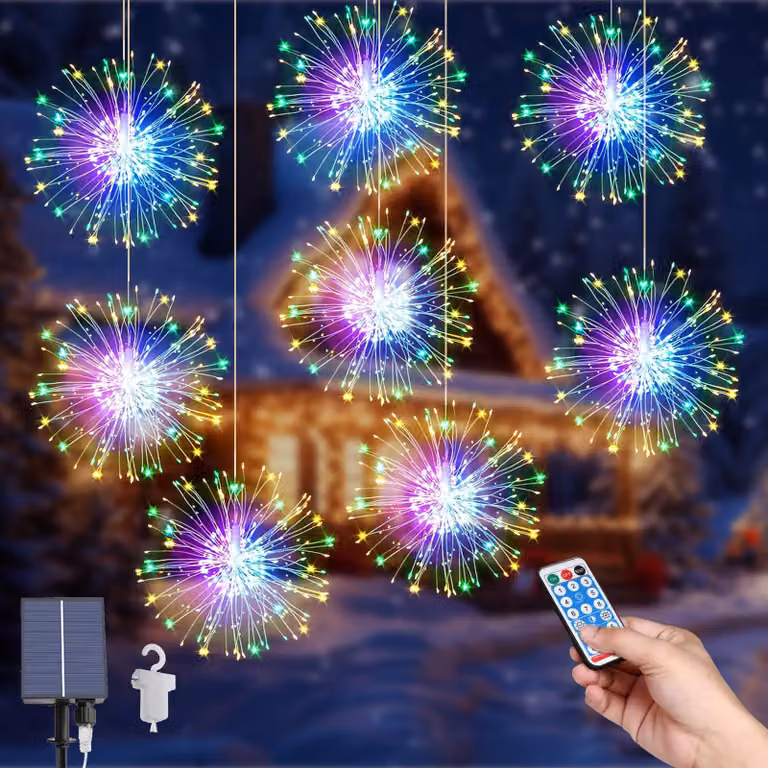 Set di 8 lampade a LED solari a forma di fuochi d'artificio, con 800 LED, impermeabili e dotate di telecomando