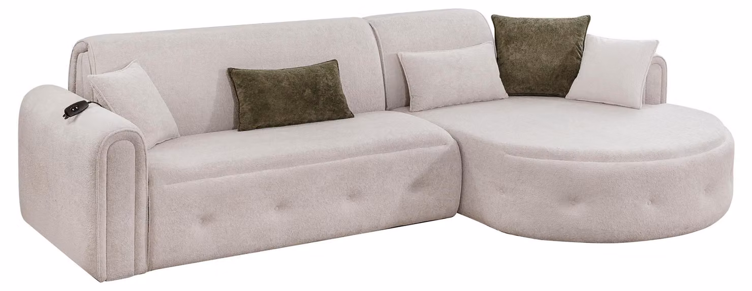 Divano angolare moderno con funzione letto, in legno color beige, ideale per un soggiorno
