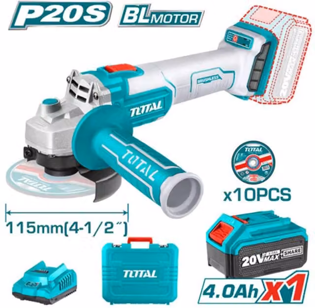 Smerigliatrice angolare TOTAL 20V con batteria 4Ah e 10 dischi per metallo 115mm multicolore