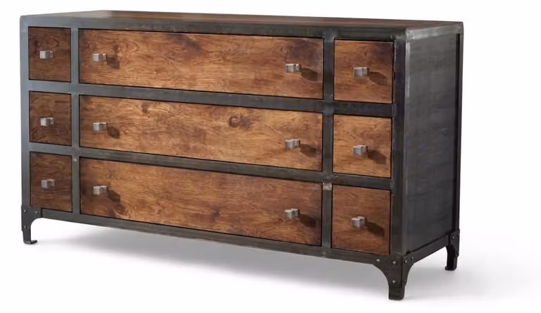 Comodino industriale, mobile contenitore a buffet con 9 cassetti, design vintage, legno e metallo