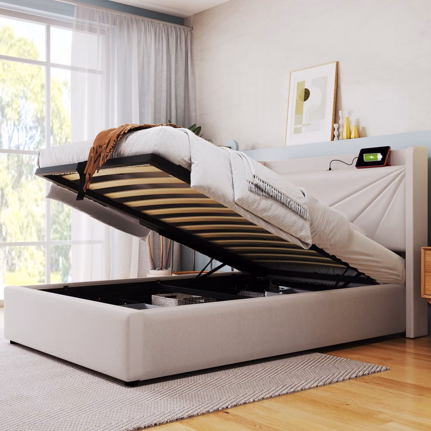 Letto imbottito Sweiko con porta di ricarica USB/TYP-C, testata geometrica, lino, 90*200cm Beige (con materasso)
