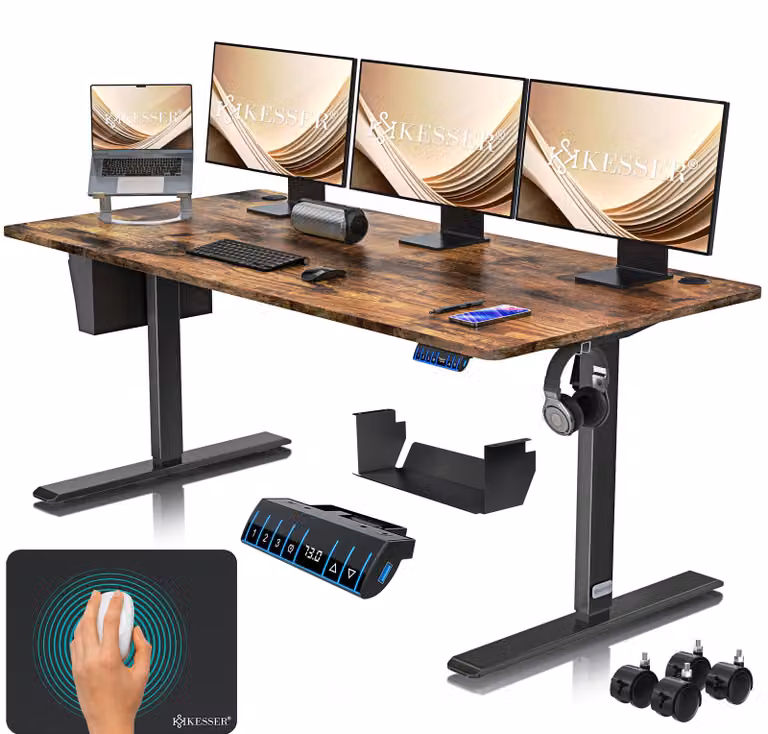 Scrivania regolabile in altezza KESSER® elettrica | Scrivania ergonomica da standing desk | Sistema di controllo con memoria a 3 funzioni | Include rotelle a 360° e porta USB | Scrivania per computer, ideale per l'ufficio domestico