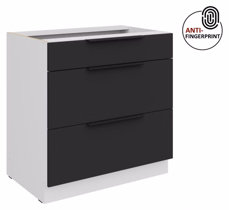 Mobile base da cucina da 80 cm, cucina ARIA nero ultra opaco + bianco opaco, frontali di alta qualità con rivestimento anti-impronta, mobile da cucina con chiusura ammortizzata