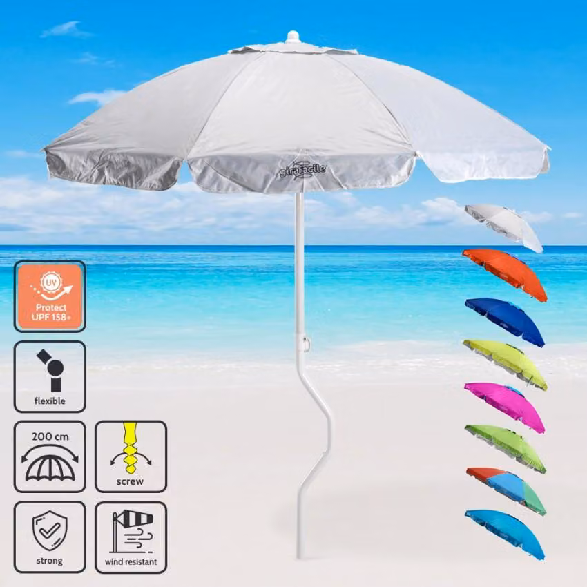 Ombrellone 200 cm con protezione UV per la spiaggia o la pesca GiraFacile Ermes - Bianco - Argento