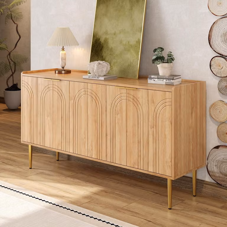 Credenza Merax con 4 ante e ripiani regolabili, credenza con ante curve e gambe in ferro dorato, cassettiera moderna nature