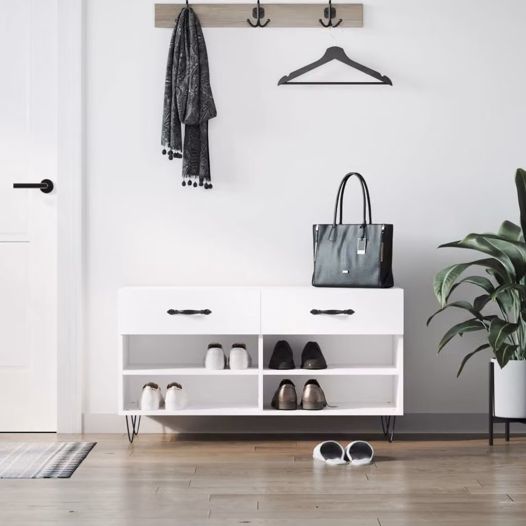 vidaXL Panca Porta Scarpe Bianca in Legno e Metallo L: 102 cm, P: 35 cm, H: 55 cm