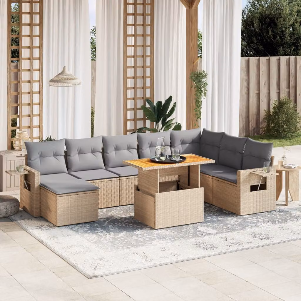 vidaXL Set Divano da Giardino a L 9 pz in Polyrattan con Cuscini Beige e Tavolino – 1
