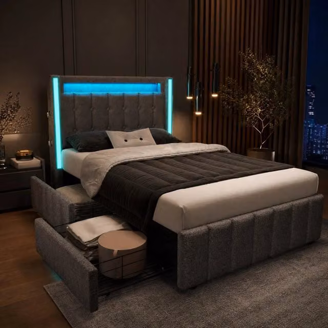 Letto imbottito REDOM in tessuto grigio con illuminazione LED, porta USB, cassetti e materasso ibrido incluso L/P/H: 90 x 200 cm