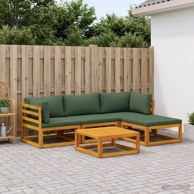 Set di divani da giardino vidaXL in legno di acacia massello con tavolino e pouf, colore marrone e verde