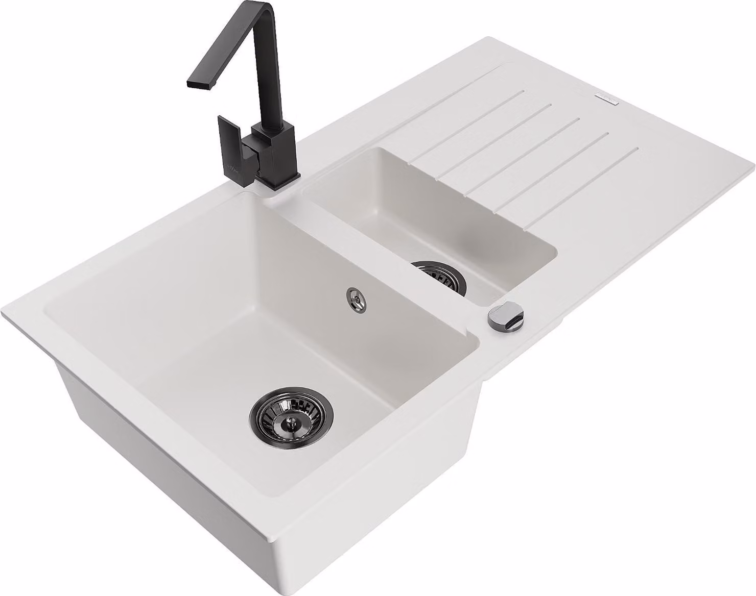 Mexen Matias lavello in granito 1,5 vasche con scolapiatti e miscelatore cucina Rita, bianco - 6502-20-670300-70