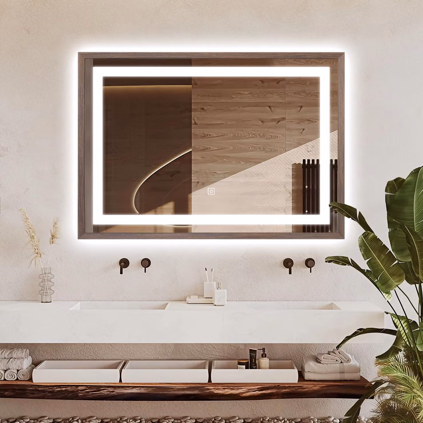 Specchio a LED, dimensioni 70x100 cm, legno noce scuro, 6000 K, design moderno