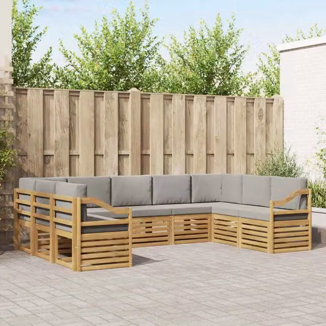 Set di divani da esterno a L vidaXL in legno di acacia con 9 pezzi, Bianco e Grigio