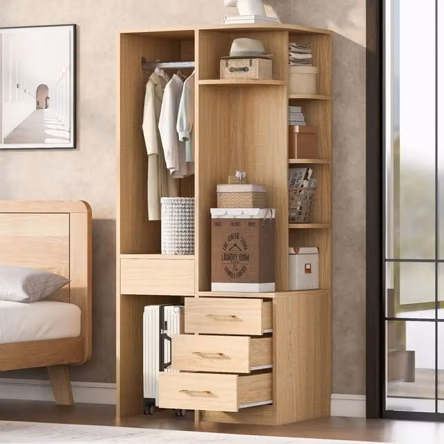 Armadio con anta, cassetti, ripiani e barra appendiabiti aperta, finitura color legno, in MDF, 70 × 55 × 175 cm