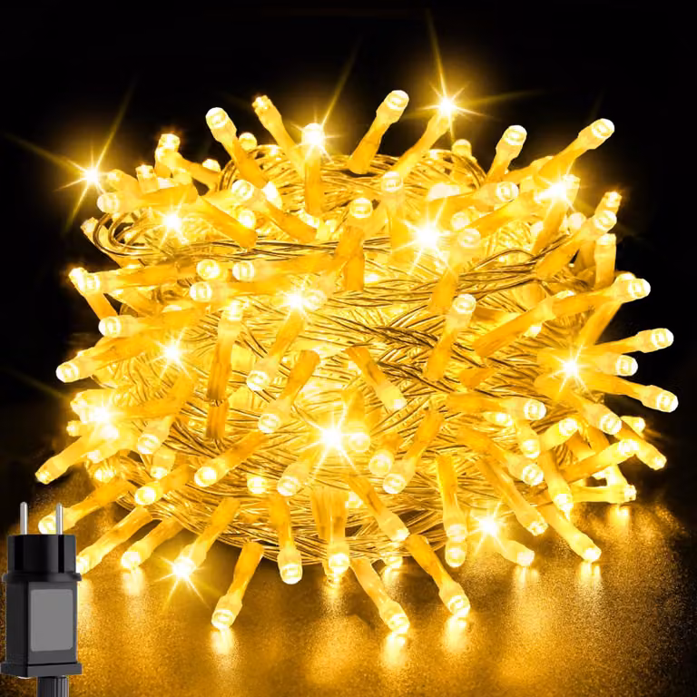 Catena luminosa da 20 metri, 200 LED, luce bianco caldo, grado di protezione IP44, timer, 8 modalità