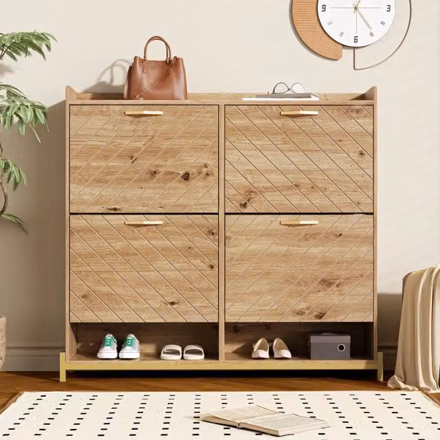 Scarpiera moderna Mivray in MDF con piedini in metallo oro e finitura marrone opaca per ingresso o camera da letto L: 108.5 cm, P: 24 cm, H: 100 cm