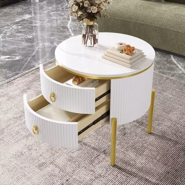 Tavolino laterale, tavolino da caff¨¨ con cassetti caratterizzati da una superficie speciale, texture effetto marmo, gambe e maniglie dorate,