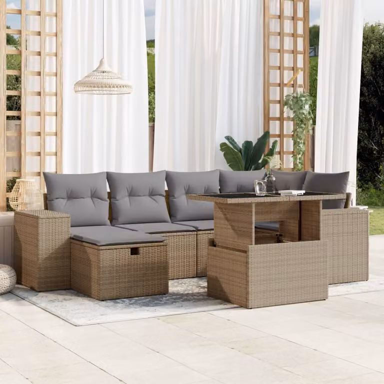 Set di divani da giardino vidaXL in 7 pezzi in polyrattan beige con cuscini e tavolino